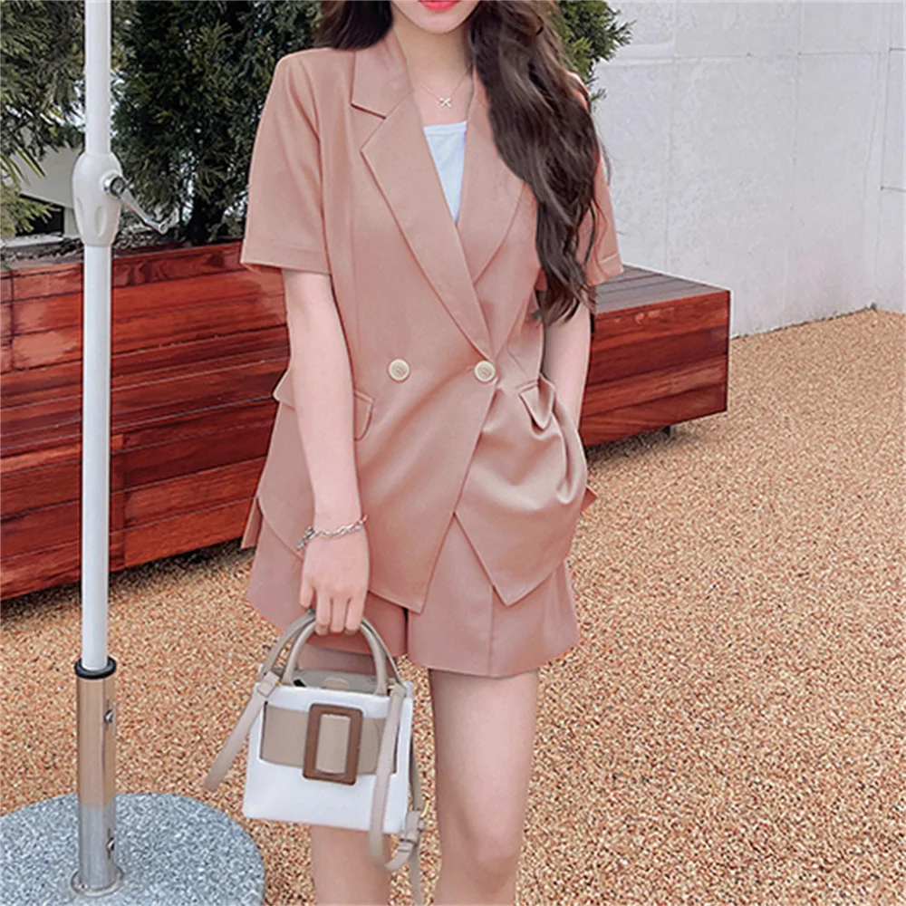 

HziriP Chic Summer Elegant 2021 OL Lady Gentle New Loose Femme Blazers+ Thin Brief Slim Elastic-Waist Shorts Suits 2 Piece Sets