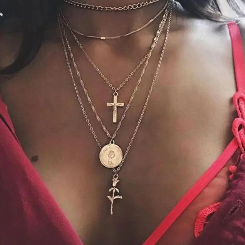 

Multilayer Cross Gold Pendant Necklaces For Women Punk Choker Letter 2021 Fashion Gift Words Party Jewelry Necklace F4U1