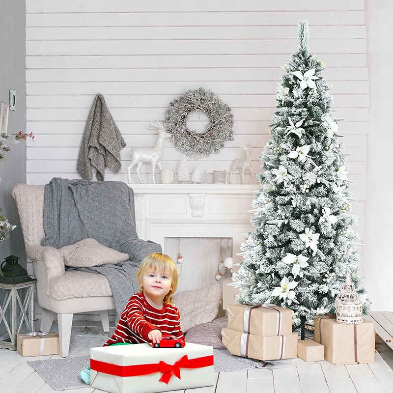 

7 футов искусственная Рождественская елка Снежная Флокированная карандашная елка высокое качество ПВХ листья великолепные белые лилии реа...