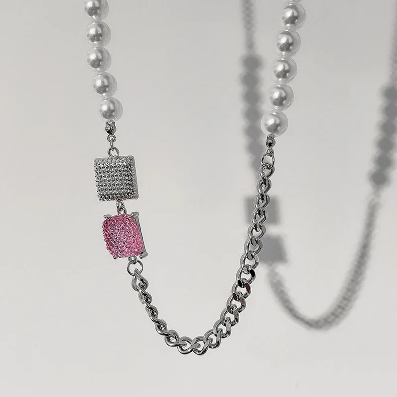 

Women Fashion Chain Necklace Korean Style 2022 New Candy Colors Square Pearl Choker Collares