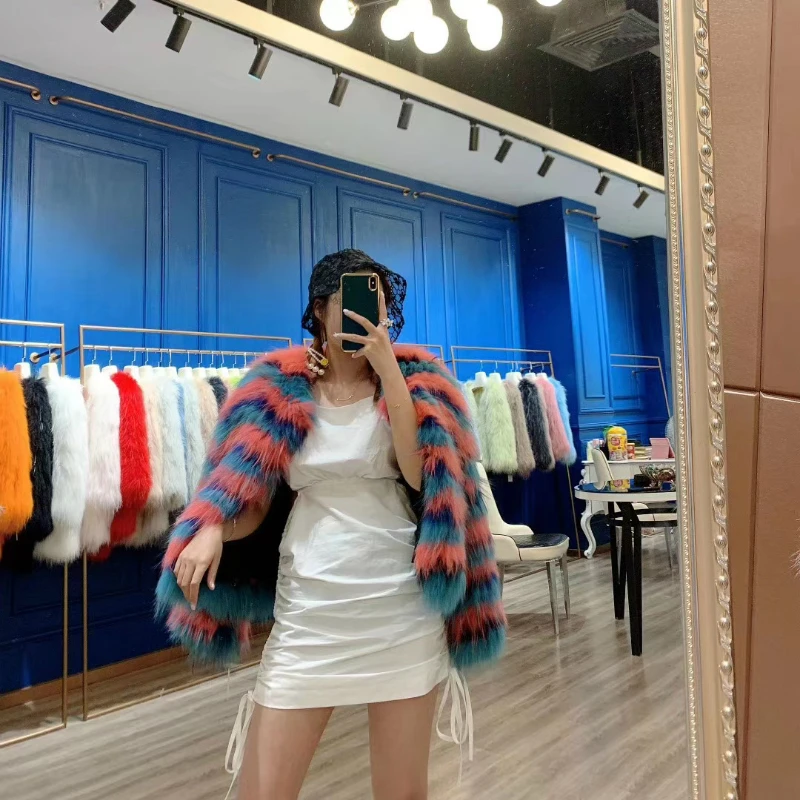 

Vogue New New Casual Striped Winter Jacket Women Real Fur Coat Natural Raccoon Fur Knitted Thick Warm Outerwear Streetwear