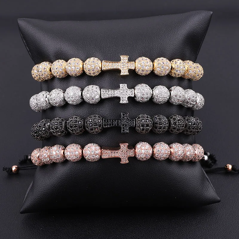 

High Quality Luxury Cubic Zirconia Cross Charm Men Jewelry Handmade Braided Macrame Bracelet Gift