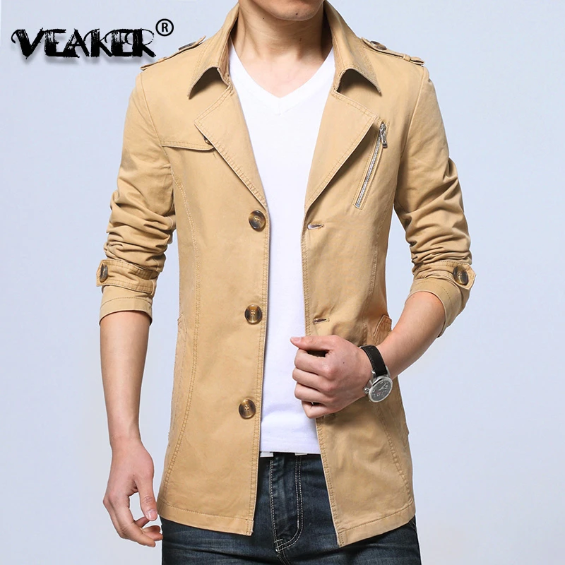 Мужская длинная куртка Тренч однотонная ветровка на молнии в британском стиле