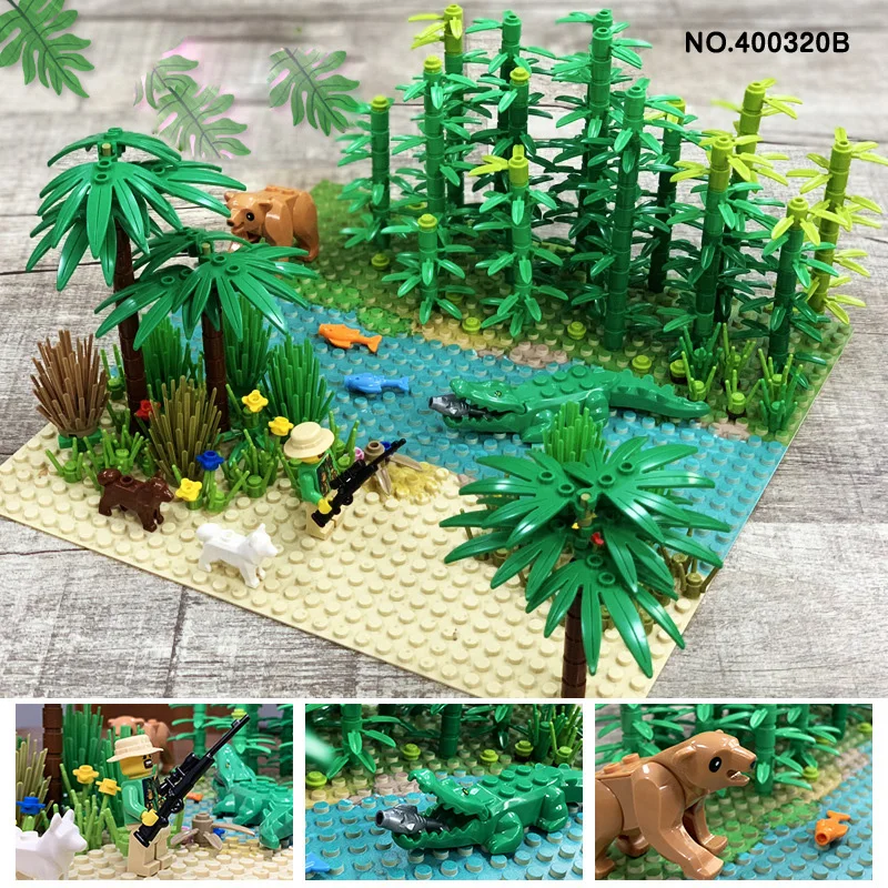 Rainforest Baseplate Parts Animal Green Grass Jungle Bush Flower Tree Plants Building Blocks DIY MOC Assemble Children Toy Gifts