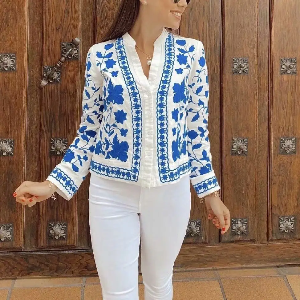 

JUNWU Autumn Women's Blue White Porcelain Pattern Embroidery Three-Dimensional V-Neck Single-Breasted Long-Sleeved Jacket Casual