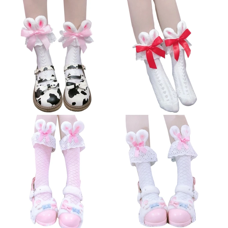 

Милые хлопковые носки K3NF для женщин и девочек, Лолита, длинные плюшевые носки с бантом и ушками кролика, с оборками, кружевные Японские Аниме...
