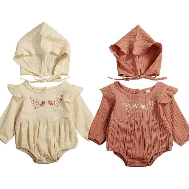 

Осенний комбинезон для новорожденных девочек, хлопковая льняная одежда, комбинезон с вышивкой и длинным рукавом, боди, шапка, повседневные ...