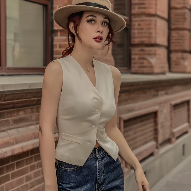 

Le Palais Vintage 2021 New Fall Winter Fashion Original Beige Waistcoat Vest Women Elegant Sexy V Neck Collect Waist Slim Vests