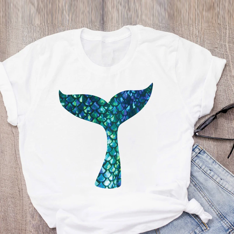 

2021 New T-shirt Women Graphic Mermaid Fish Tail Cartoon Fashion Print Tops Female T Shirts Harajuku Streetwear O-neck Clothes