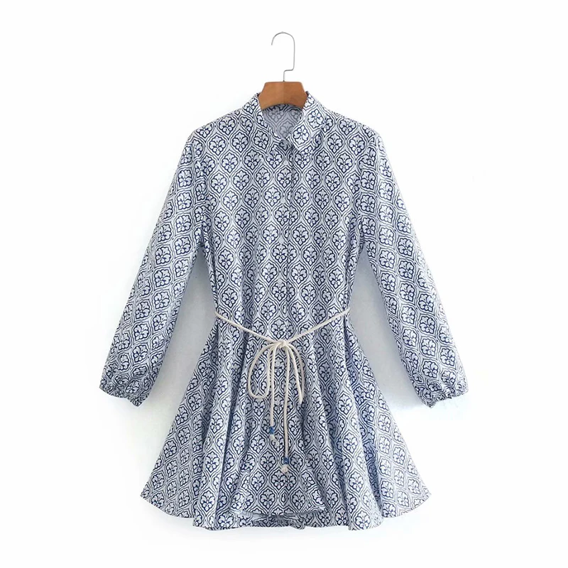 

Women's Dress Vintage Loose Blue Printed Belted Za 2021 Fashion Mini Dress Spring Female Elegant Mujer Vestidos