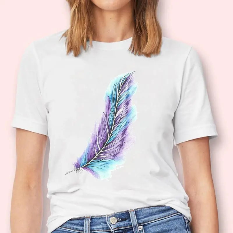 

Women Feather Casual Trend Lovely Aesthetic New Fashion Graphic Female Tops Tees Tshirt T-Shirt Lady Cartoon Print Clothes