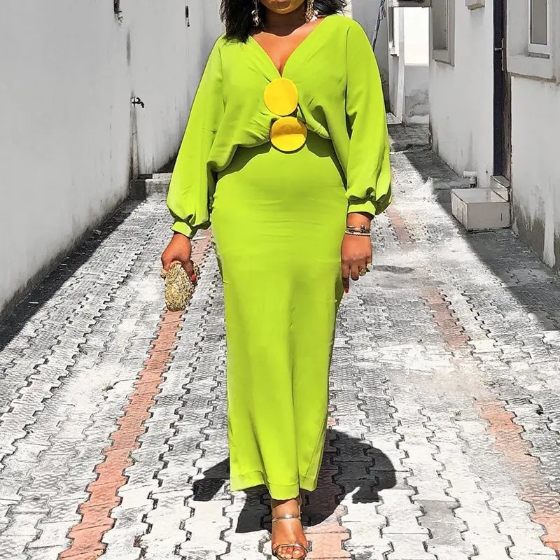 Ярко зеленая Макси платье для женщин в африканском стиле Осенние вечерние ужин