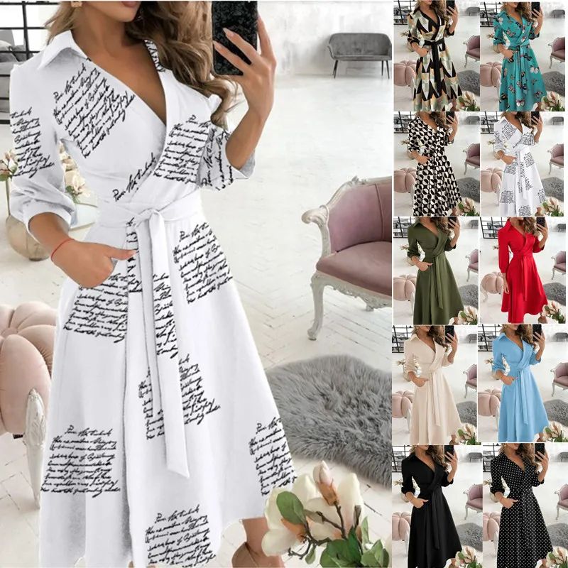 

21015 Spring Women Dress Print Fashion Lacing V-Neck Long Sleeves Elegant Versatile Beach Casual Female Loose Long Dresses New