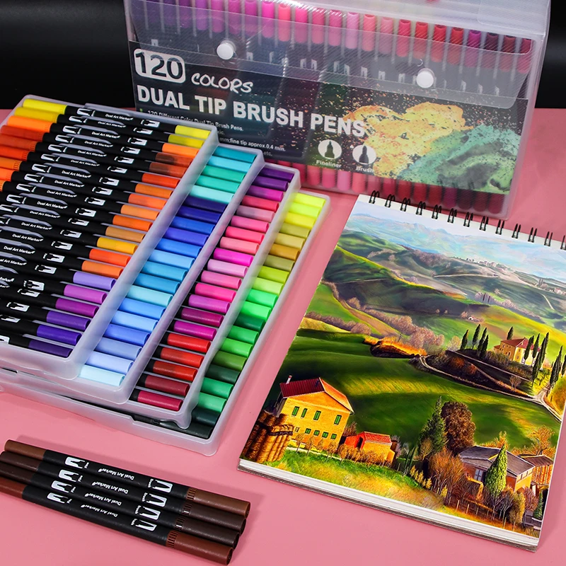 

120 Colors Dual Tip Brush Marker Pens Art Watercolor Fineliner Drawing Painting Stationery Effect Best for Coloring Manga Art