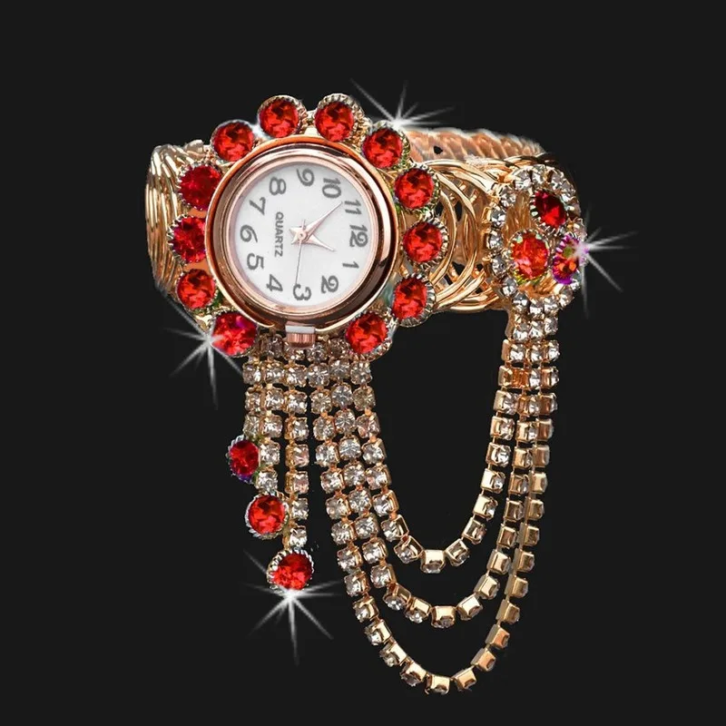 

Luxury Women Rhinestone Tassel Round Dial Analog Quartz Open Bracelet Watch Hollow Diamond Bracelet Watch Feminino Quartz Watch