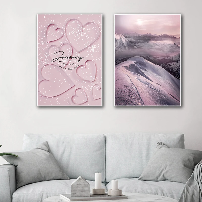 

Nordic Pink Purple Landscape Poster Snow Mountain Feather Field Canvas Painting Beautiful Home Wall Art Decoration Picture