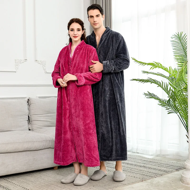

Zipper Flannel Bathrobe Couples Sleepwear Winter Warm Kimono Gown Nightgown Casual Nightdress Lovers Intimate Lingerie Homewear