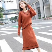 newest 2020 autumn winter knitted two piece set women v neck long sleeve loose pullover jumper tops and bodycon long skirt set