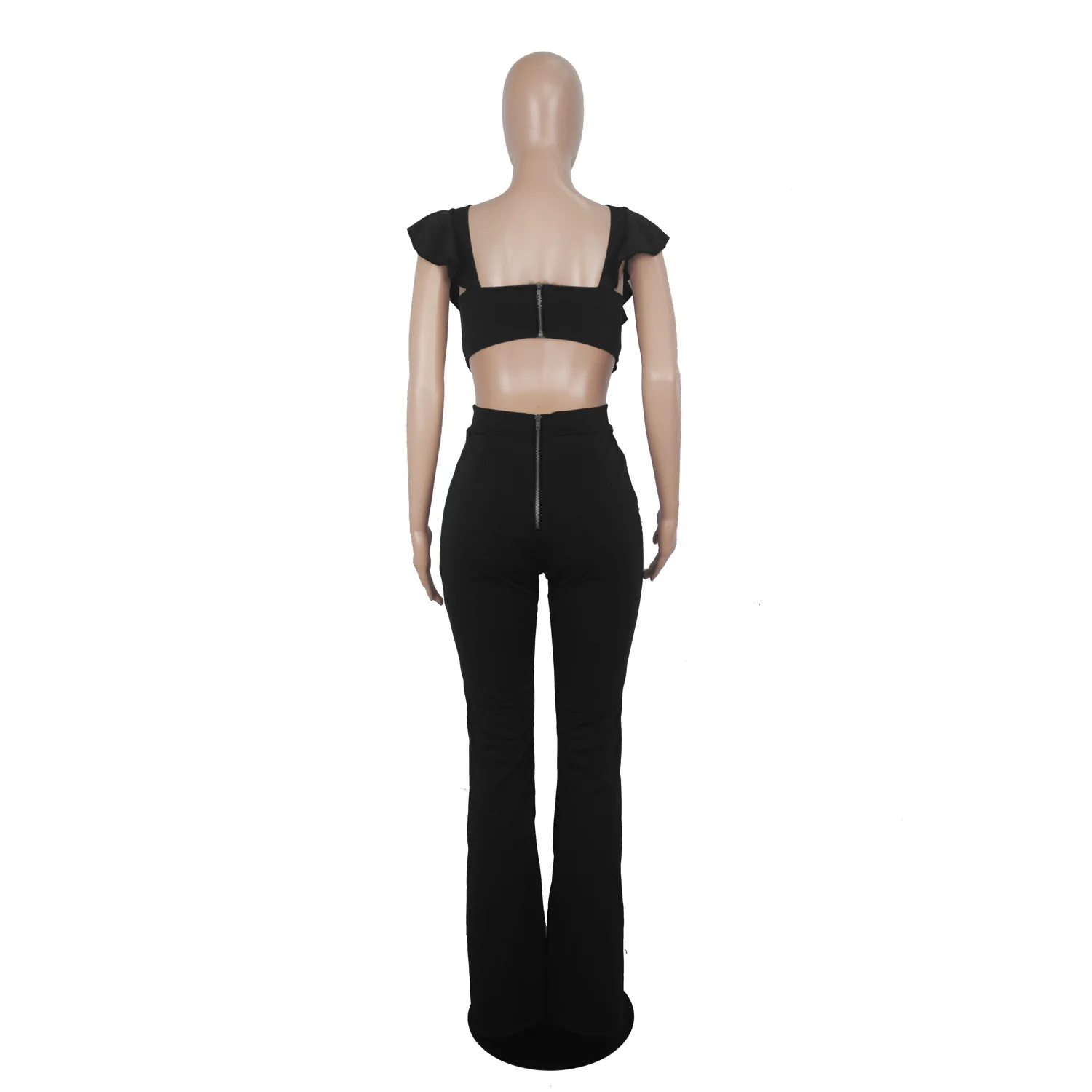 

HAOOHU 2019 women summer sleeveless solid ruffles splicing wide leg jumpsuit open back night club party sexy romper playsuit