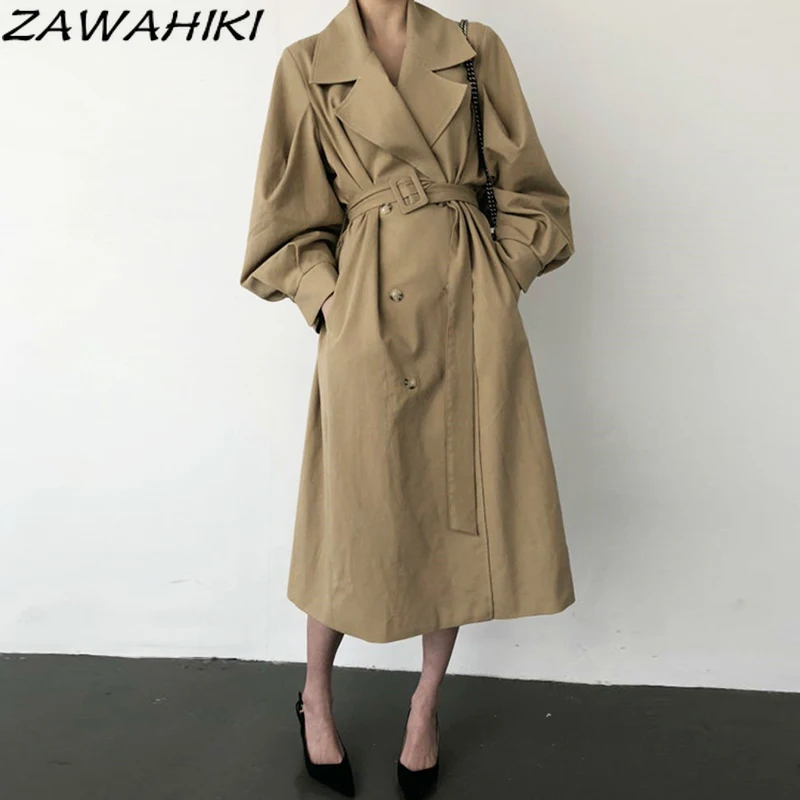 

Женский двубортный офисный тренчкот zawхитки, винтажное осеннее длинное пальто с завязками, корейское шикарное пальто, 2021