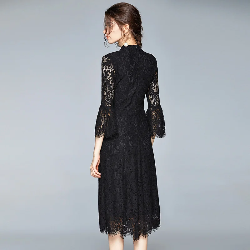 

New Elegant Vintage Fashion Women Lace Slim Tunic High Waist Evening Party Dress Lady Long Sleeve Big Swing Maxi Dresses