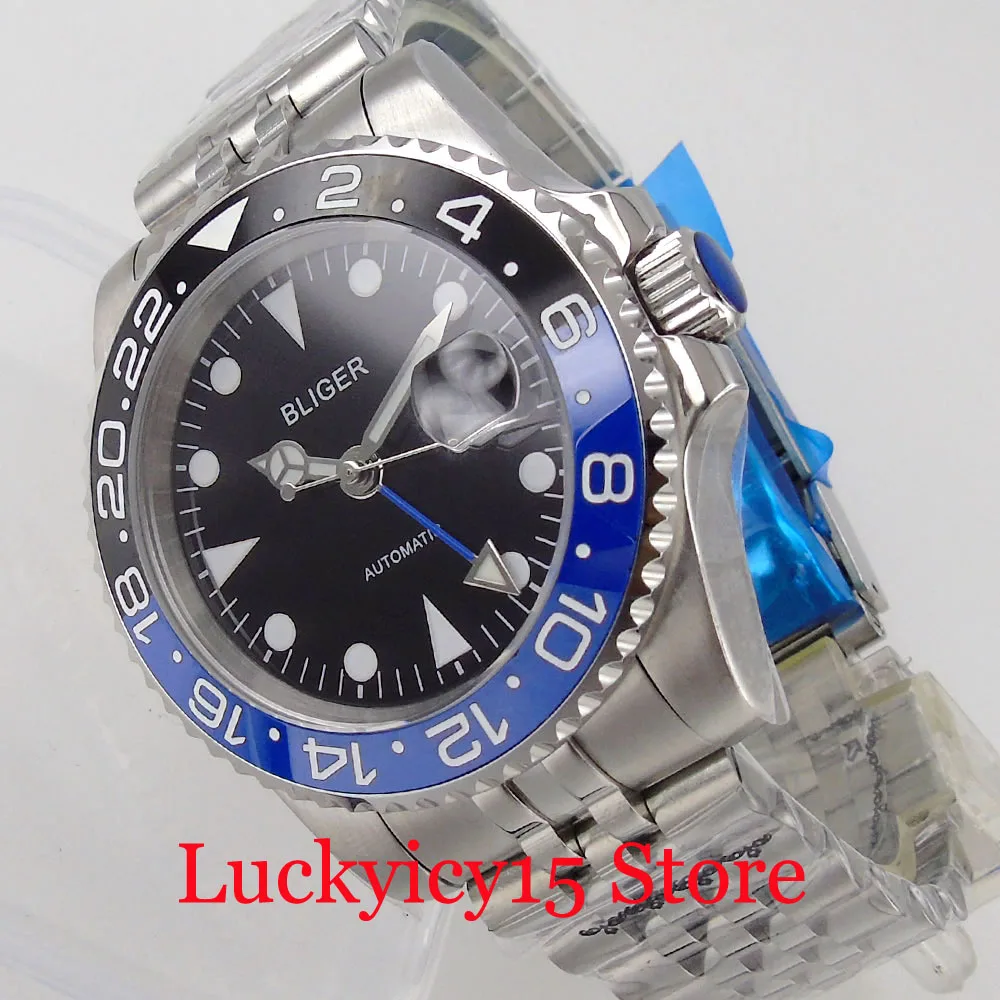 

BLIGER GMT 40mm Automatic Men Watch Jubilee Band Black Blue Insert Sapphire Crystal Screw down Crown 40mm SUB Case