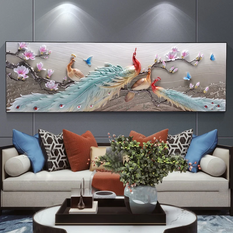 

Peacock Embossed Living Room Decoration Modern Minimalist 3D Stereo Sofa Background Wall Painting European Atmosphere