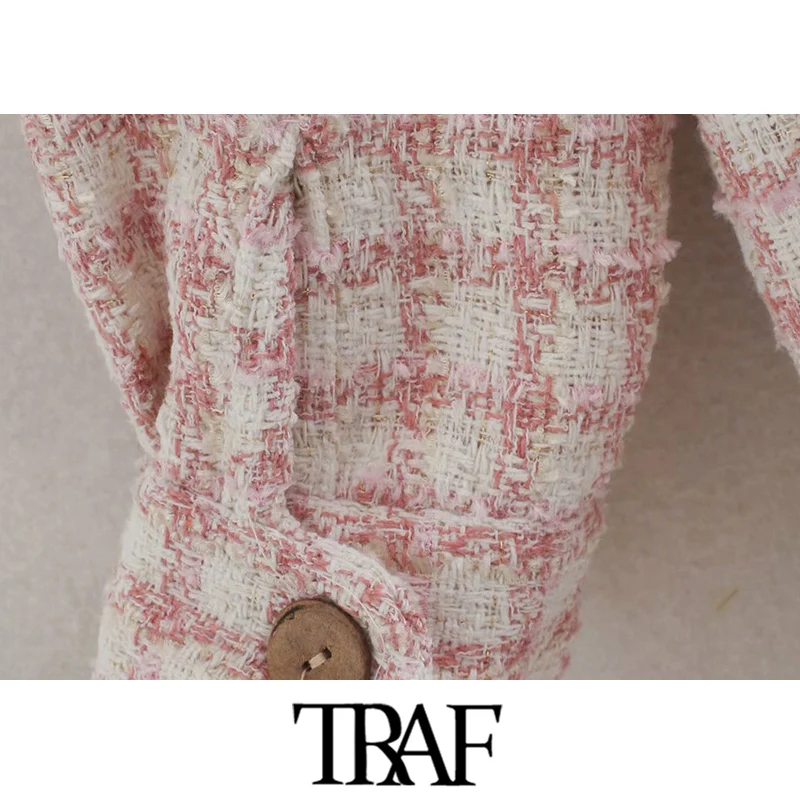 

TRAF Women Fashion With Pockets Loose Tweed Jacket Coat Vintage Long Sleeve Button-up Female Outerwear Chic Tops