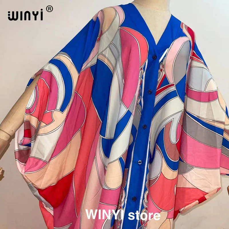 

2021 Woman Long Sleeve Dress Bohemian Style Multicolor Print V Collar Batwing Sleeve Plus Size Dresses Silky 2021 Summer WINYI