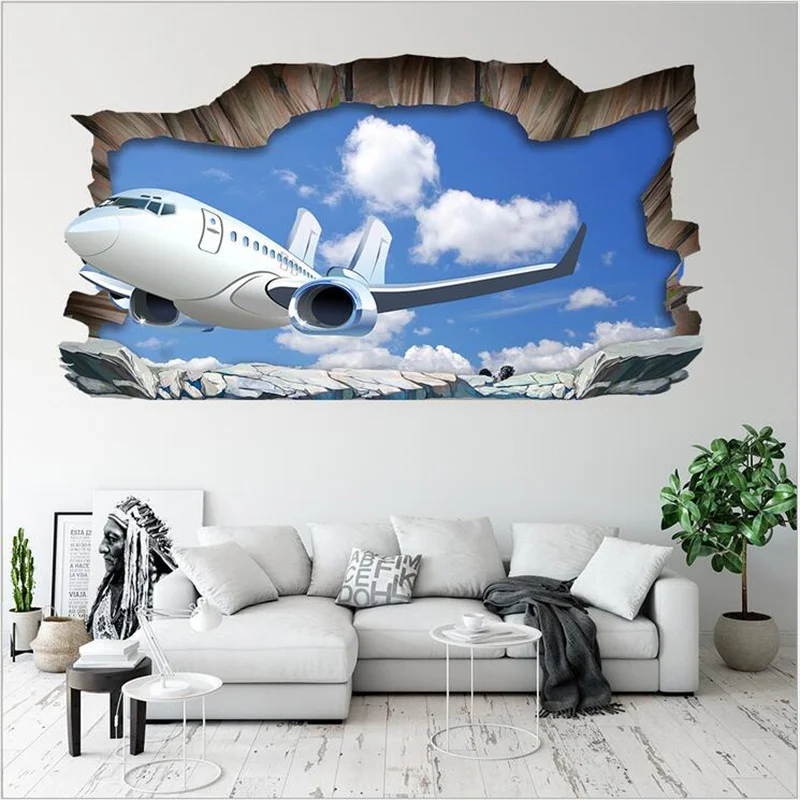 

New 3D Broken Wall Blue Sky And White Clouds Airplane Wall Stickers For Living Room Children's Room Vinyl Decoration Painting