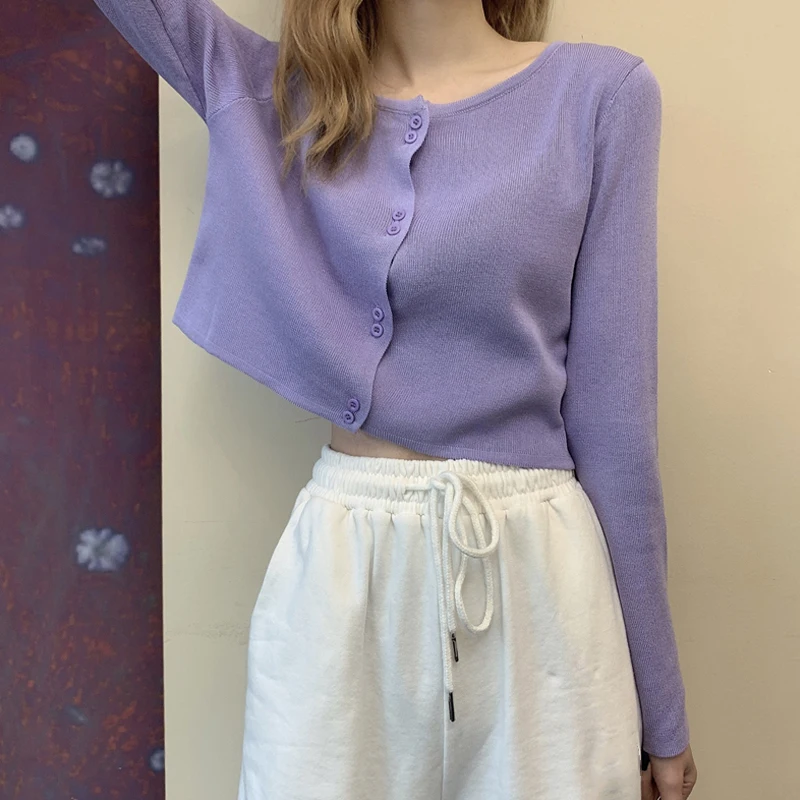 Kawaii Cropped Cardigans Women Knit Crop Sweater Top purple Black Sexy Sweaters Cute Knitted Vintage Korean GD347 |