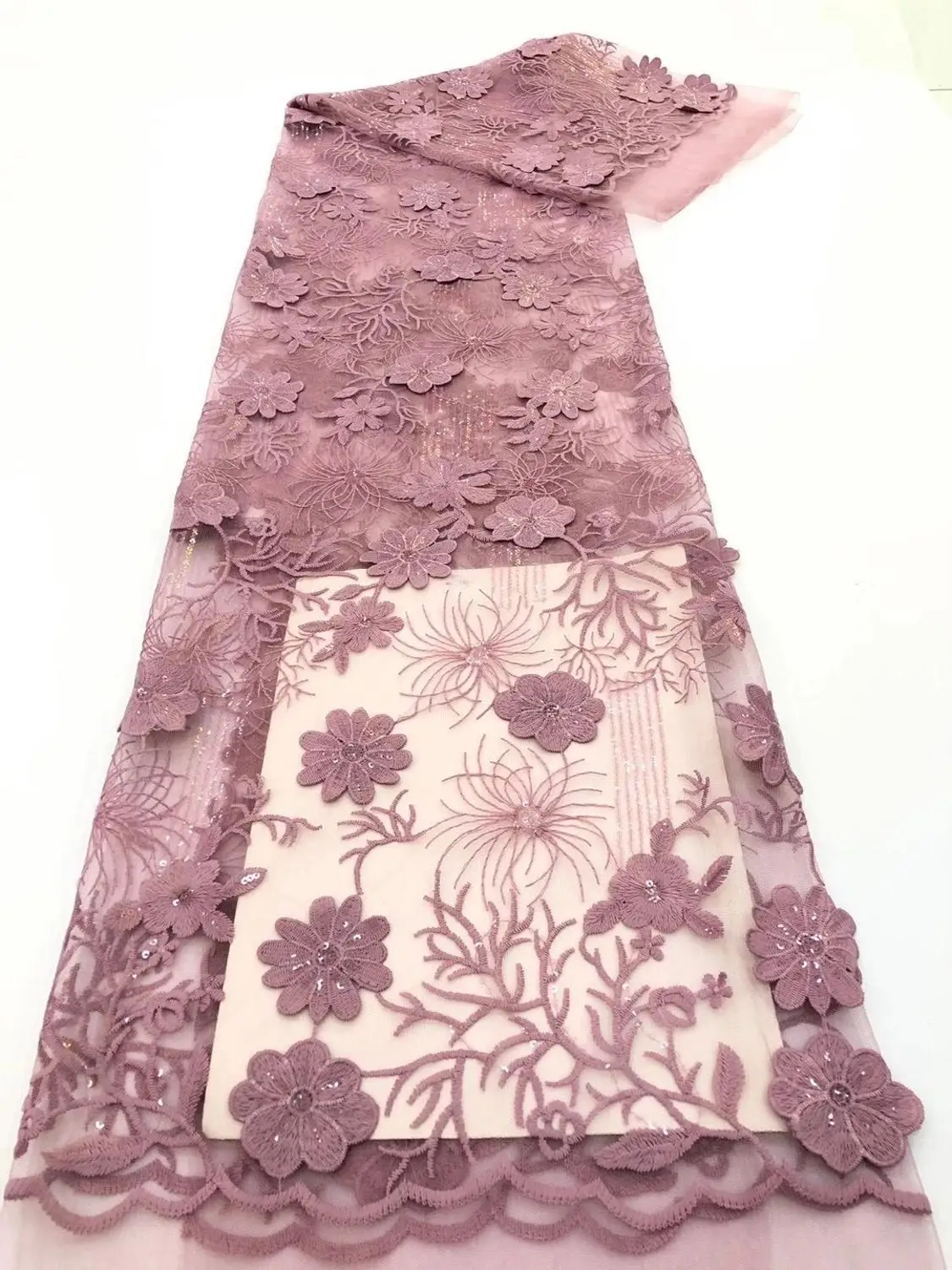 

(5yards/pc) very beautiufl dusky pink African French net lace fabric with 3D flowers and sequins for party dress FCC118