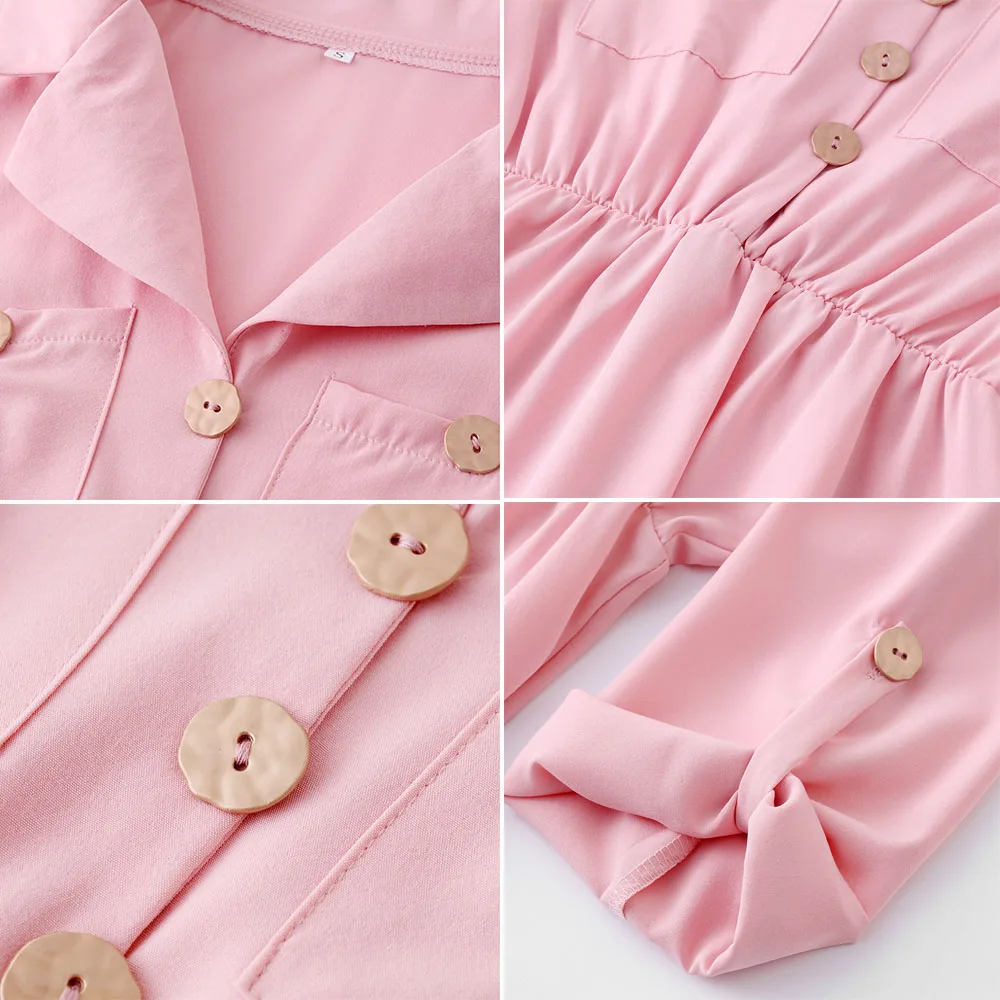 

Women's Early Autumn Button Dresses Fashion Suit Collar Pocket Elastic Laceup Mid Waist Ladies 3/4 Sleeves Mi Di Dresses 2021