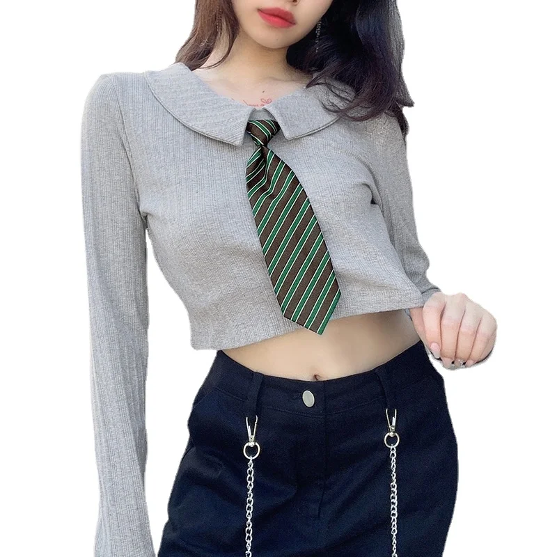 

Net Celebrity College Style Short Doll Neck Tie T-shirt Female Autumn New Age-reducing Navel Top