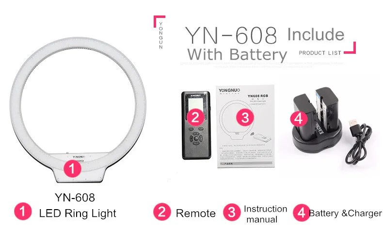 YONGNUO YN608 5500K светодиодный студийный кольцевой светильник для селфи-фотосъемки с пультом дистанционного управления и CRI 95+ 608 шт. светодиодный годовой светильник для Youtube