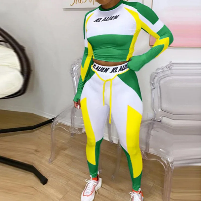 

Letters Print Fitness Tracksuit Woman 2 Piece Set Patchwork Crop Top And Leggings Suit Female Casual Sport Matching Sets 2021