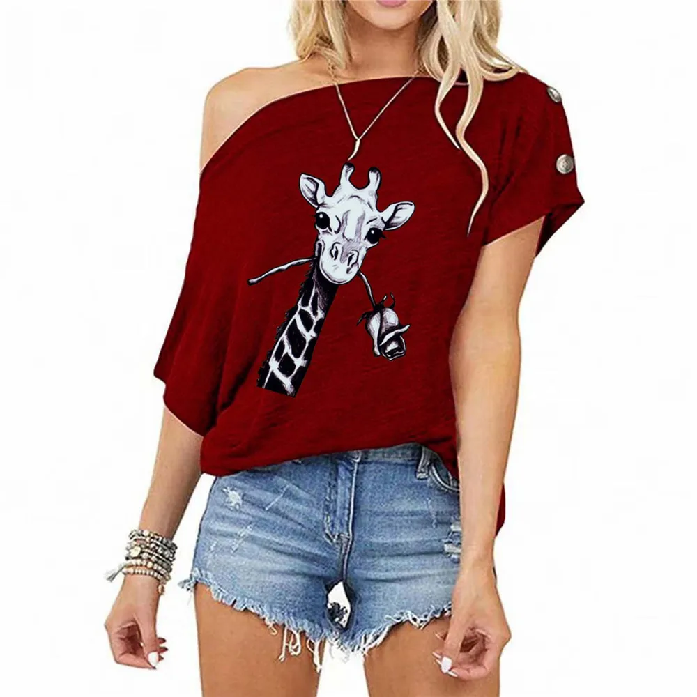 

Повседневная футболка с принтом жирафа на одно плечо, лето 2021, женская одежда, повседневные свободные топы с коротким рукавом и вырезом лодо...