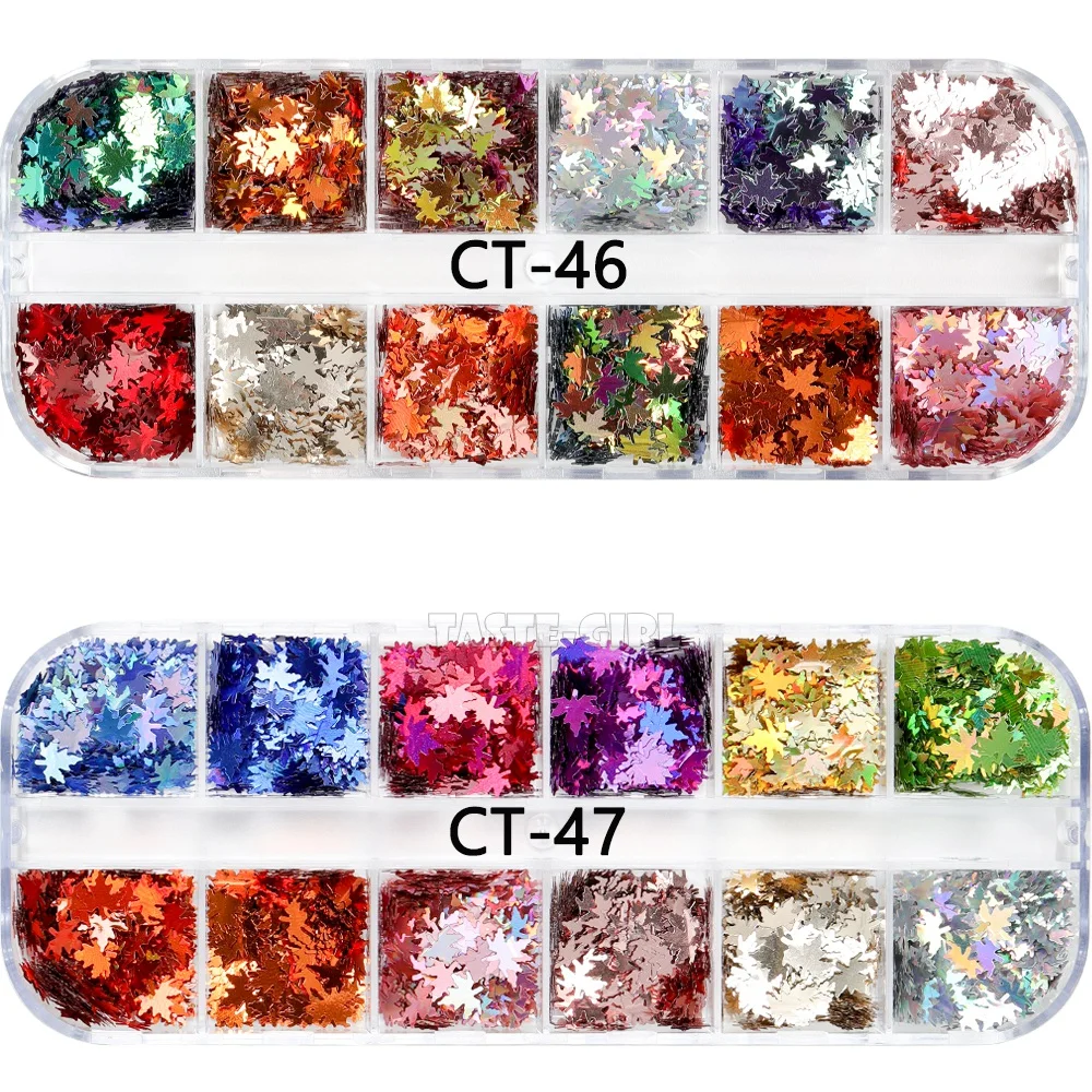 

12 Grids/Set Colorful X'mas Maple Leaves Laser Holographic Nail Glitter Sequins Acrylic Nail Art Paillette Slice Decoration DIY
