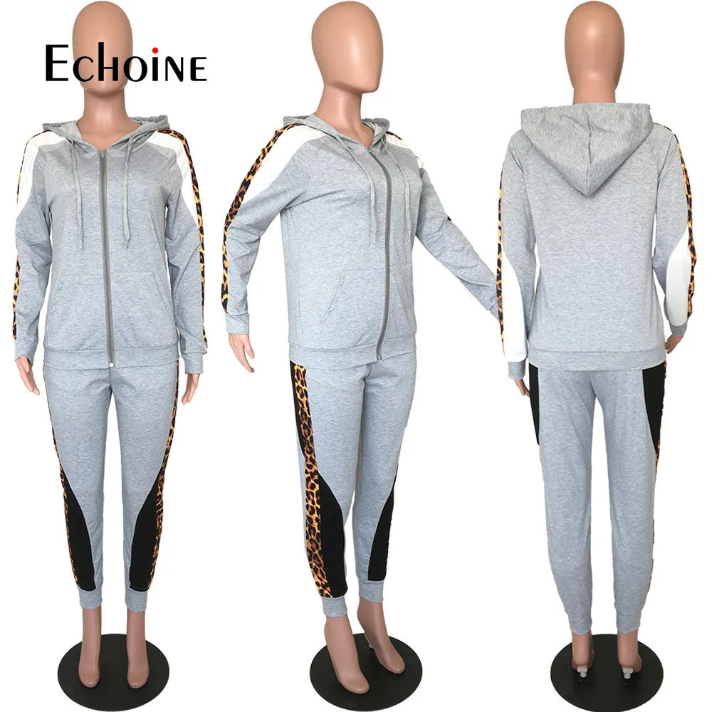 

Echoine Autumn Women Casual Leopard Print Patchwork sets Zipper Hooded Jacket & Drawstring Pencil Trousers Fashion Two Piece Set