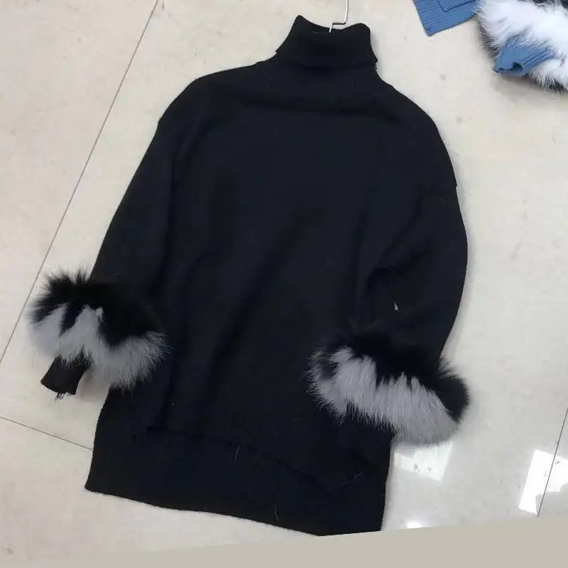 D00730 black Женский пуловер, лоскутный свитер из кроличьего меха, женский джемпер, женские свободные свитера, толстый зимний вязаный Свитер оверсайз - Цвет: D00730 black