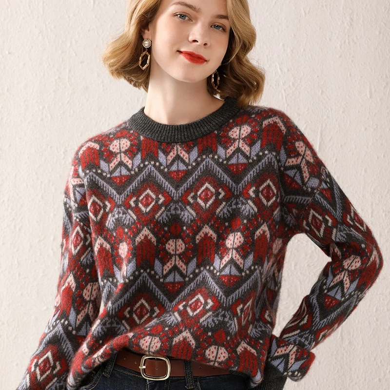 

2021 autumn/winter new 100% wool sweater casual round neck pullover cashmere sweater loose plus size ladies knitted top thick