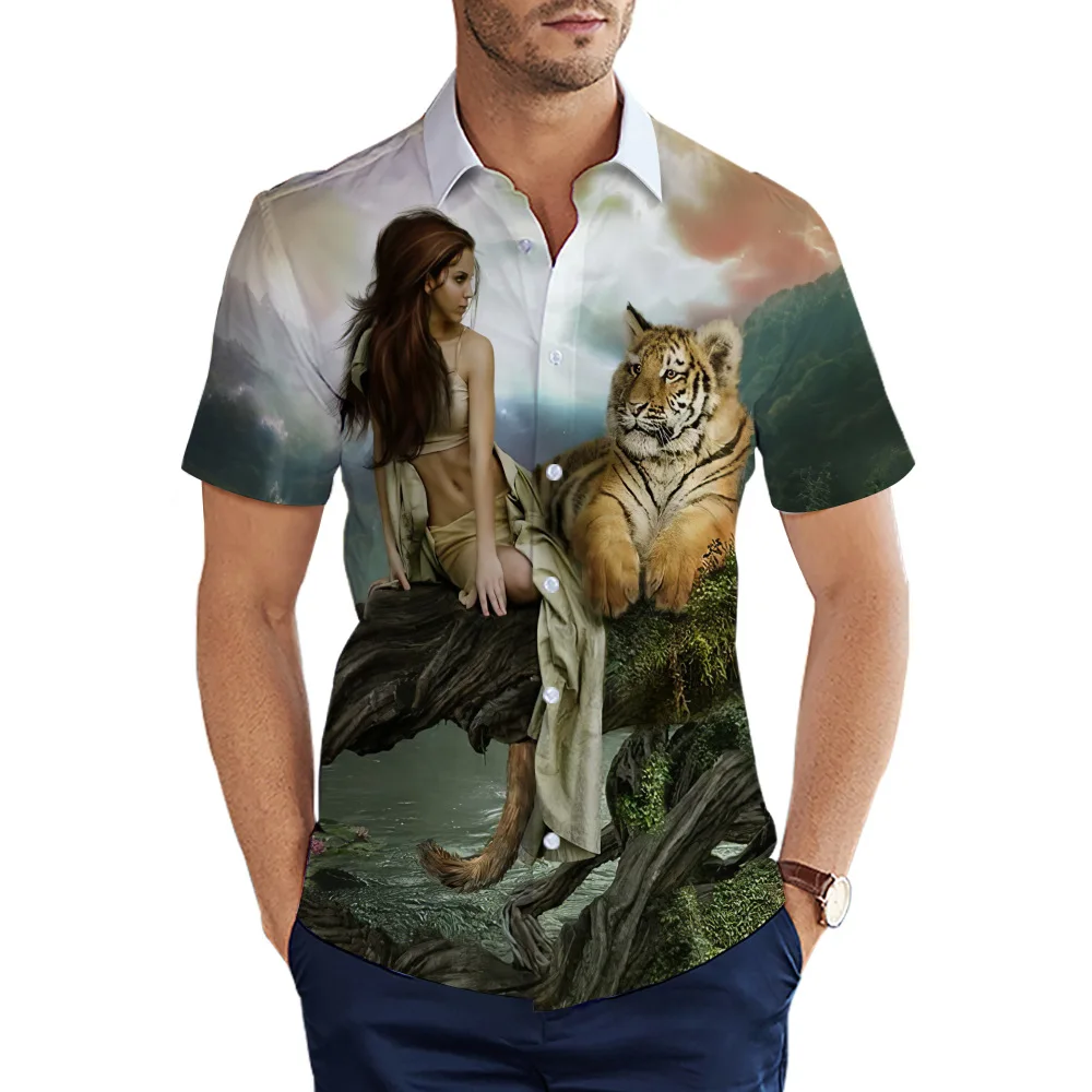 

2021 Men's Casual Shirts Cartoon Forest Beauty And Tiger Print Floral Shirt