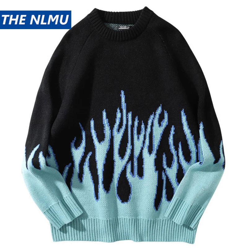 

2020 Winter Fire Printed Knitted Pullover Jumper Sweaters Streetwear Hip Hop Casual Loose O-neck Knitwear Sweater Tops WY245