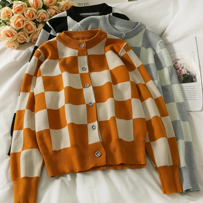 

Cardigan for women sweater jackets 2021 autumn plaid o neck long-sleeved loose knit sweater women's tops cardigan sweater coats