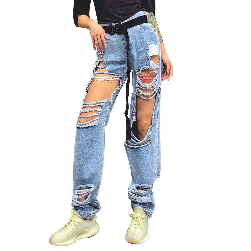 TWOTWINSTYLE Streetwear Ripped Hole Straight Denim Pants For Women High Waist Pants Female Fashion Clothes Summer New