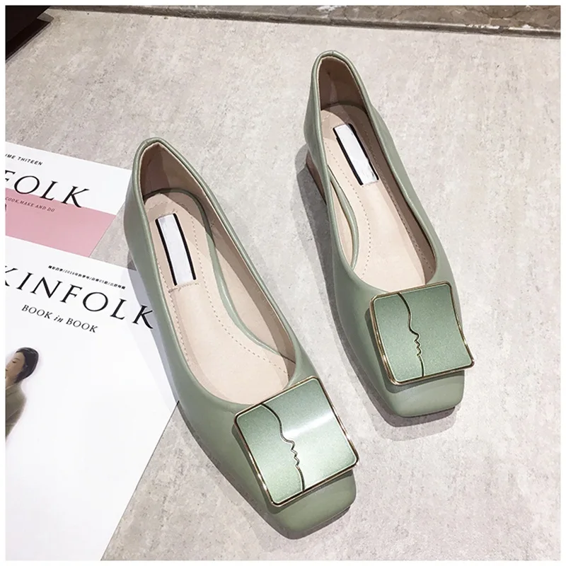 Зеленый SUOJIALUN Luxury Women Spring Flat Shoes Square Toe Medium Heels Fashion Metal Boat Low Heels Shoes Women Dress Shoes - Цвет: Зеленый