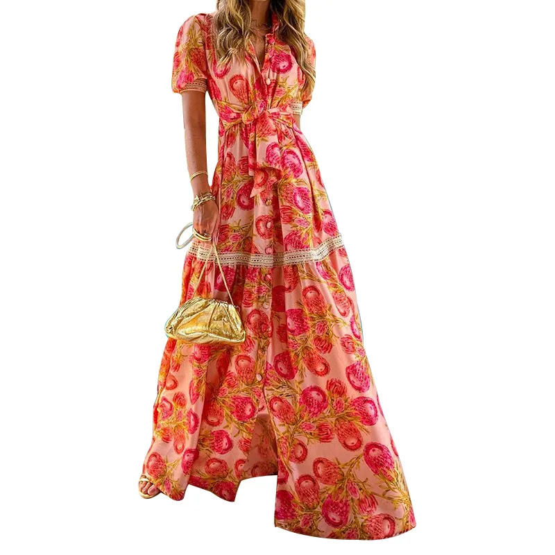 

European and American autumn new products women's fashion sexy temperament short-sleeved printed long bohemian dress