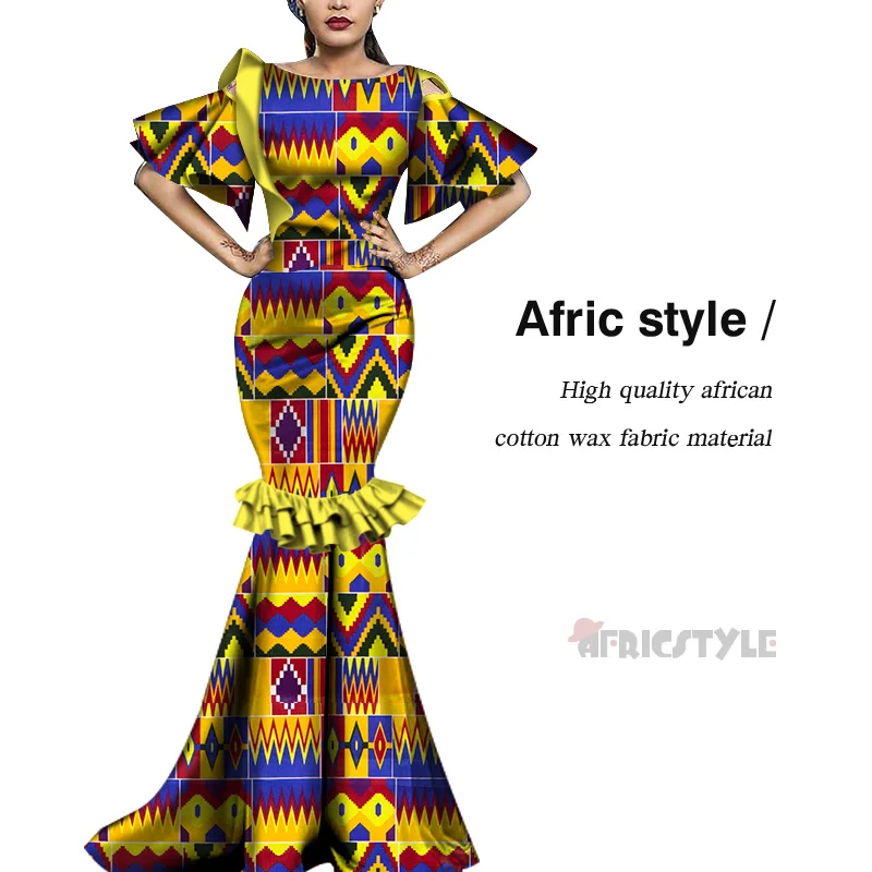 2020 Afric Style 100% Wax Fabric Women Bell Bottom Dashiki Print African Style Casual Clubwear Party Long Dress WY6600