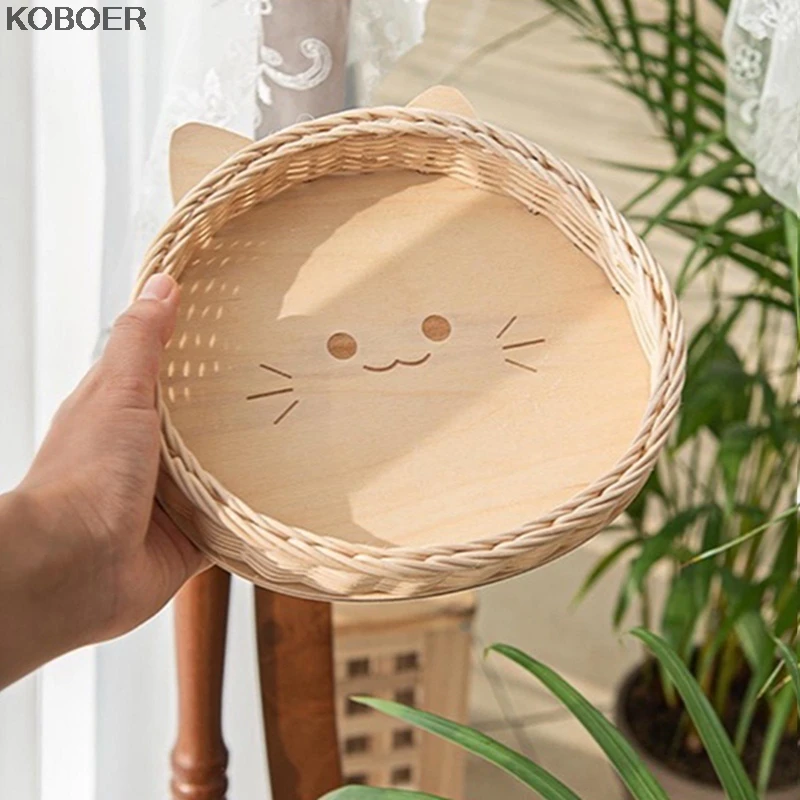 

Rattan Storage Tray Hand Woven Picnic Basket Bread Fruit Snacks Food Storage Baskets Display Desktop Serving Tray With Handle