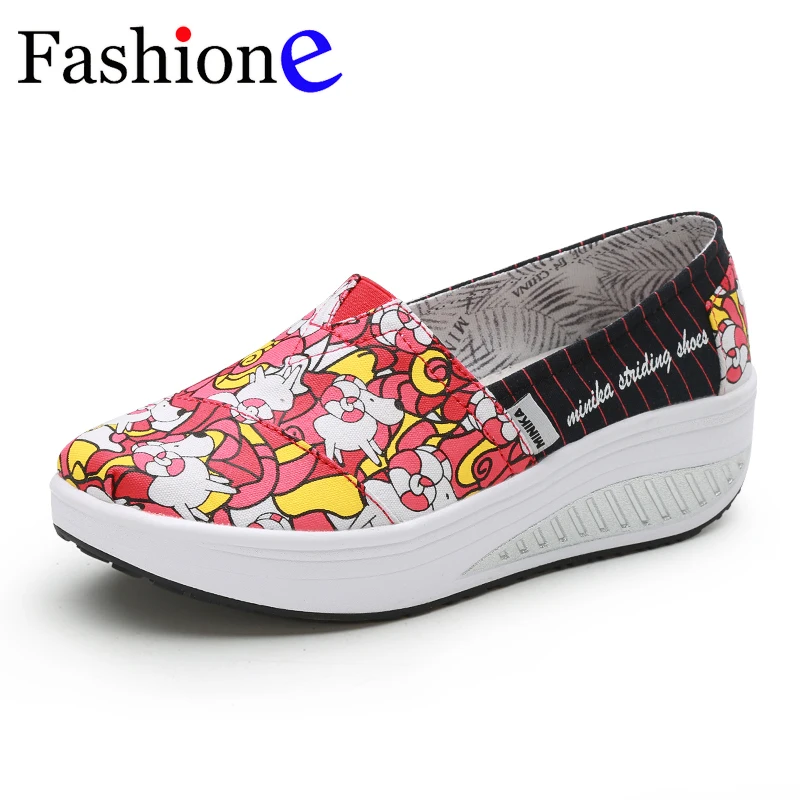 Canvas Print Women Swing Shoes 2018 New Arrival Height Increasing Health Slip-On Comfort Toning | Обувь